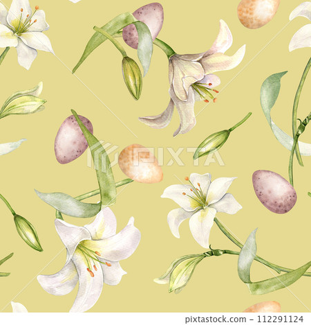 Easter seamless pattern with eggs and white flowers isolated on beige. Lilies pastel color watercolor illustration. Lilium botanical art hand drawn. Design for Christianity holiday, Easter decoration 112291124