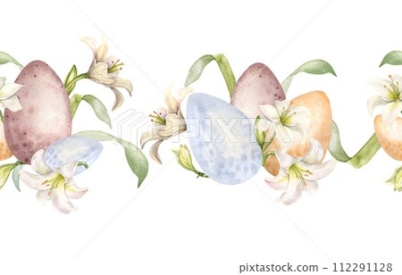 Easter seamless border with eggs and white flowers. Lilies pastel color watercolor illustration isolated on white. Lilium botanical art hand drawn. Design for Christianity holiday, Easter invitation 112291128
