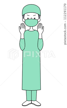 Illustration of a surgeon raising both hands (surgical gown) (male) 112291170