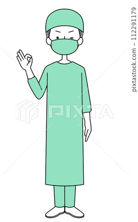 Okay sign Illustration of a surgeon (surgical gown) (male) Okay sign Illustration of a surgeon (surgical gown) (male) 112291179