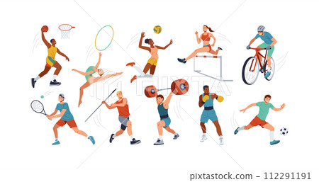 Sportspeople performing disciplines color vector icons set 112291191