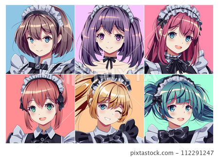 Kawaii maid cafe girls portraits vector logo illustration set Kawaii maid cafe girls portraits vector logo illustration set 112291247