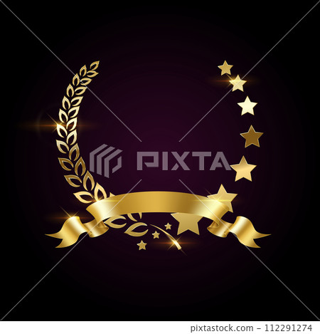 Golden wreath with laurel, stars and ribbon illustration Golden wreath with laurel, stars and ribbon illustration 112291274
