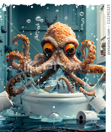AI-generated content. A cephalopod organism known as an octopus is enjoying a bath in a bowl of toilet paper. Its electric blue color contrasts beautifully with the white paper 112291325