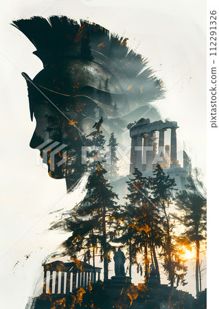 AI-generated content. A double exposure showcasing a woman wearing a helmet superimposed with a temple, creating a surreal blend of building and sky in one image AI-generated content. A double exposure showcasing a woman wearing a helmet superimposed with a temple, creating a surreal blend of building and sky in one image 112291326