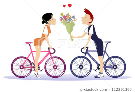 Love couple rides bikes illustration. Hurt symbols. Bunch of flowers. Young man and woman with bikes isolated on white. Love couple rides bikes illustration. Hurt symbols. Bunch of flowers. Young man and woman with bikes isolated on white. 112291393