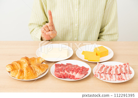 Foods containing a lot of fat and a woman pointing her index finger Foods containing a lot of fat and a woman pointing her index finger 112291395