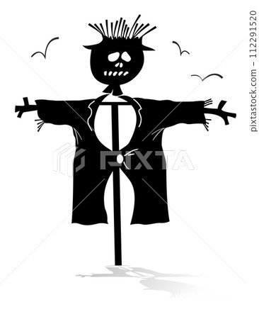 Funny scarecrow silhouette illustration. Cartoon scarecrow and birds black on white background 112291520