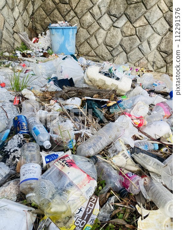 Garbage washed up on the shore. A shore full of garbage 112291576