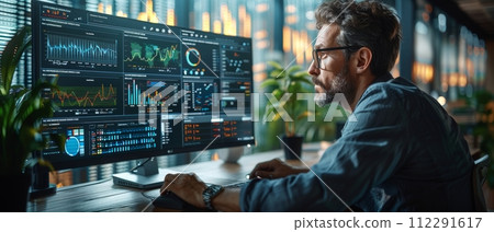 AI-generated content. In technology finance, operations, sales, marketing, and operations, an analyst uses a computer and dashboard to analyze data and monitor metrics. 112291617