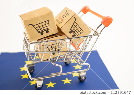 Box with shopping online cart logo and EU flag, Import Export Shopping online or commerce finance delivery service store product shipping, trade, supplier. Box with shopping online cart logo and EU flag, Import Export Shopping online or commerce finance delivery service store product shipping, trade, supplier. 112291647