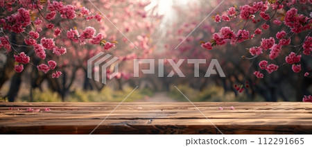 AI-generated content. An empty wooden table in Sakura flower park, bokeh background, with an outdoor country theme, template mockup for presenting products AI-generated content. An empty wooden table in Sakura flower park, bokeh background, with an outdoor country theme, template mockup for presenting products 112291665