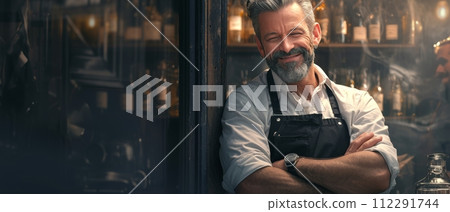 AI-generated content. Small local business owner standing outside his own cafe looking away and dreaming, a happy smiling European middle aged man. Entrepreneurship portrait. 112291744