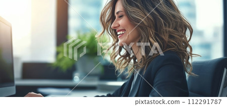 AI-generated content. A busy mature professional business woman dressed in a suit is sitting at her desk working on a digital project while looking at her laptop computer technology. AI-generated content. A busy mature professional business woman dressed in a suit is sitting at her desk working on a digital project while looking at her laptop computer technology. 112291787