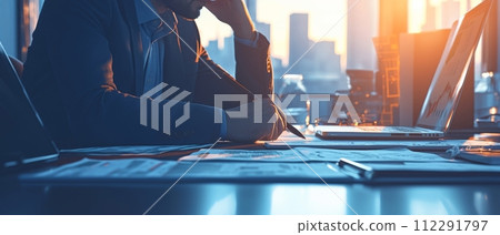 AI-generated content. Team of professionals from various industries working together in an office meeting. An elderly businessman manager is talking to a team of board members, consultants, investors 112291797