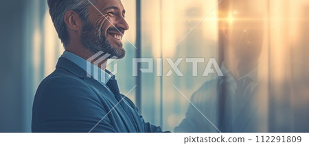 AI-generated content. An experienced middle-aged businessman holding a fintech device with a smile stands outside his office holding a digital tablet and thinking. 112291809