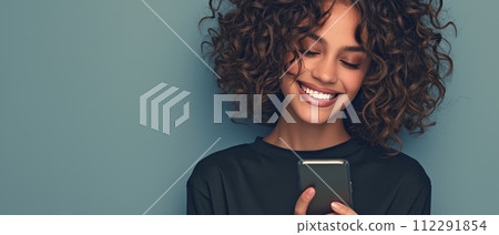 AI-generated content. A young, curious, pretty, latina woman standing isolated on a blue background, holding her mobile phone, and doing online shopping on it. She also uses apps on the cellphone to 112291854
