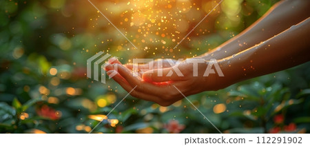 AI-generated content. With faith in religion and belief in God on a blessing background. Power of hope or love and devotion. 112291902