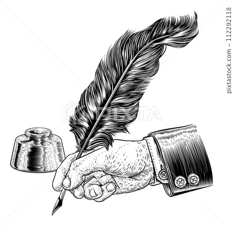 Quill Feather Ink Pen Hand Suit Vintage Woodcut Quill Feather Ink Pen Hand Suit Vintage Woodcut 112292118