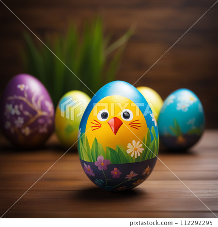 Easter eggs with flower on wood table background. Easter eggs with flower on wood table background. 112292295