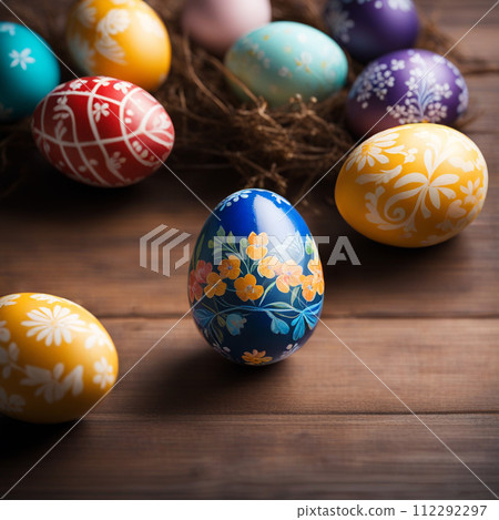 Easter eggs with flower on wood table background. Easter eggs with flower on wood table background. 112292297