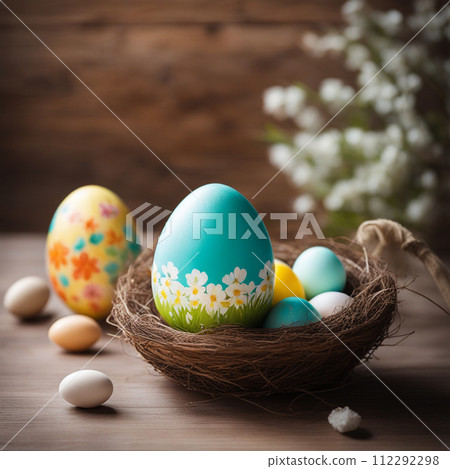 Easter eggs with flower on wood table background. 112292298