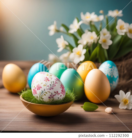 Easter eggs with flower on wood table background. Easter eggs with flower on wood table background. 112292300