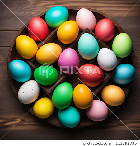 Easter eggs with flower on wood table background. 112292339