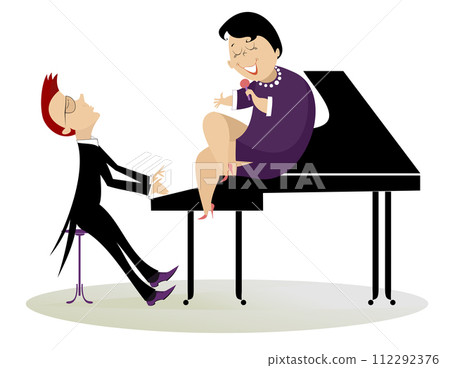 Singer woman and a pianist in the concert illustration. Pianist and singer woman sits on the piano, holds a microphone and sings isolated on white background Singer woman and a pianist in the concert illustration. Pianist and singer woman sits on the piano, holds a microphone and sings isolated on white background 112292376