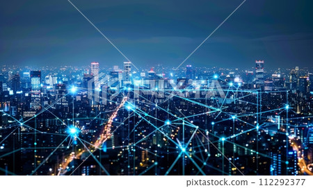 AI-generated content. Communication network concept for a smart city. 5G. LPWA (Low Power Wide Area). Wireless communication. 112292377