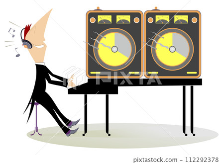 Young man playing piano or keyboard illustration. Musician in headphones, piano or keyboard, two big loudspeakers and loud isolated on background Young man playing piano or keyboard illustration. Musician in headphones, piano or keyboard, two big loudspeakers and loud isolated on background 112292378