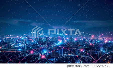 AI-generated content. The concept of a smart city and its communication network. 5G. Wireless communication. Low power wide area (LPWA). AI-generated content. The concept of a smart city and its communication network. 5G. Wireless communication. Low power wide area (LPWA). 112292379