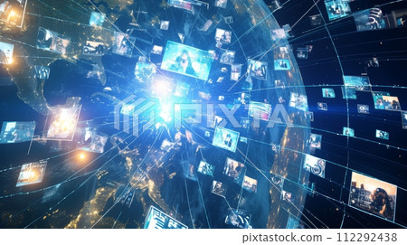 AI-generated content. Visual contents concept. Social networking service. Streaming video. Global communication network. Rendering in 3D. 112292438