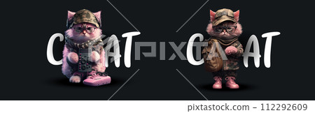 Adorable Illustrated Cats Dressed as Soldiers with Accessories, Standing Against a Dark Background: A Creative Illustration for Pet and Military Adorable Illustrated Cats Dressed as Soldiers with Accessories, Standing Against a Dark Background: A Creative Illustration for Pet and Military 112292609