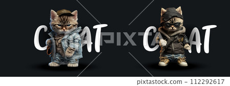 Biker Kittens: Adorable Illustrated Cats in Stylish Urban Outfits, Exuding Cool Attitude, Perfect for Modern Character Design 112292617