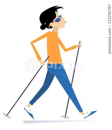 Cheerful woman doing Nordic walk illustration. Woman in orange long sleeve and blue pants doing Nordic walk outdoors isolated 112292767