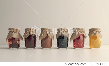 A set of jams of different flavors and colors in glass jars covered with fabric lids and tied with string on a light gray background 112293033