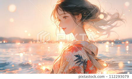 A woman in a yukata watching fireworks at sunset 112293079