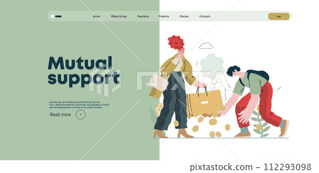Mutual Support: Pick up fallen item -modern flat vector concept illustration of man collecting fruits that fell from woman's bag A metaphor of voluntary, collaborative exchanges of resource, services 112293098