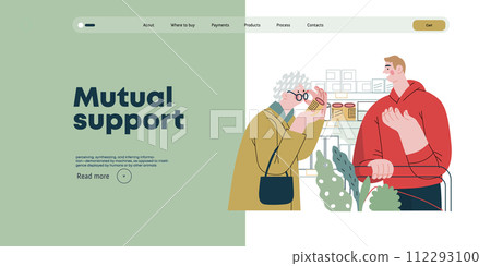 Mutual Support: Helping a visually impaired person -modern flat vector concept illustration of man offering to read label for woman in supermarket A metaphor of voluntary, collaborative exchanges 112293100