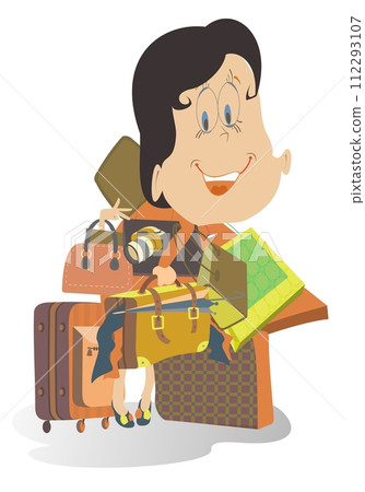 Cartoon young woman holds a lot of bags, camera and umbrella isolated. Woman with a big luggage or a lot of purchase is going to go on travel or shopping isolated on white background Cartoon young woman holds a lot of bags, camera and umbrella isolated. Woman with a big luggage or a lot of purchase is going to go on travel or shopping isolated on white background 112293107