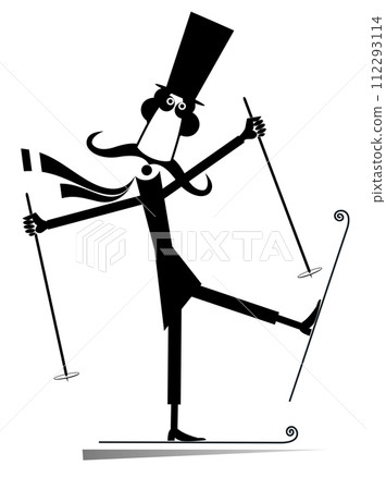 Mustache man in the top hat a skier illustration. Mustache gentleman in the top hat is skiing black on white illustration 112293114