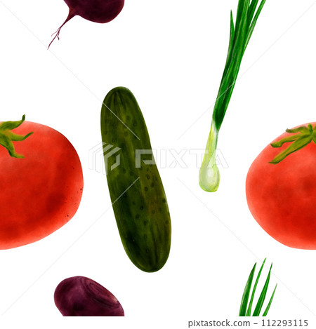 Vegetable seamless pattern in watercolor, hand drawn. Beets, tomatoes, cucumbers, onions. For kitchen textiles, wallpaper, menu, packaging design 112293115