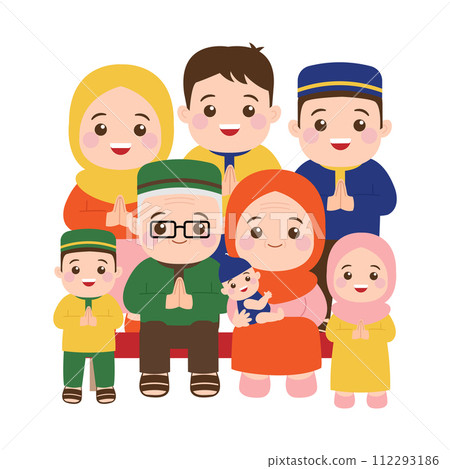 Big Muslim family Eid Mubarak greeting pose 112293186