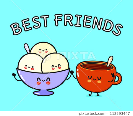 Cute, funny happy cup of coffee and ice cream character. Vector hand drawn cartoon kawaii characters, illustration icon. Funny cartoon cup of coffee and ice cream friends concept Cute, funny happy cup of coffee and ice cream character. Vector hand drawn cartoon kawaii characters, illustration icon. Funny cartoon cup of coffee and ice cream friends concept 112293447