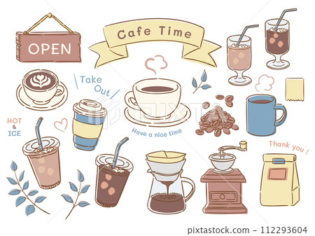 咖啡插畫素材集。咖啡館的插圖。用於設計裝飾的向量素材。 咖啡插畫素材集。咖啡館的插圖。用於設計裝飾的向量素材。 112293604