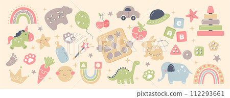 Boho baby nursery set with wooden montessori toys, rainbow, puzzle, abc cubes, animals 112293661