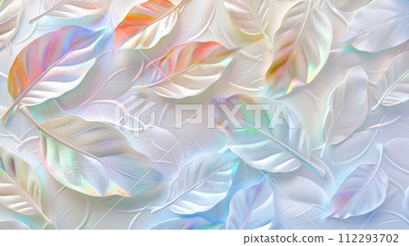 A background with a rainbow-colored shiny leaf pattern on a white background "AI generated image" 112293702