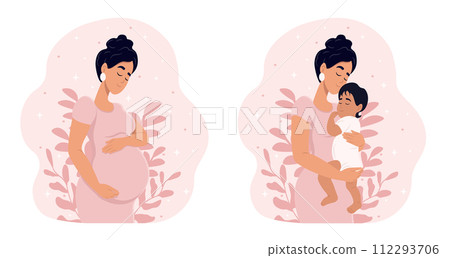 Pregnancy and motherhood. Flat vector illustration. Pregnancy and motherhood. Flat vector illustration. 112293706