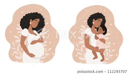 Mother with a newborn baby. Pregnant black woman with a belly. Pregnancy and motherhood. Flat vector illustration. 112293707